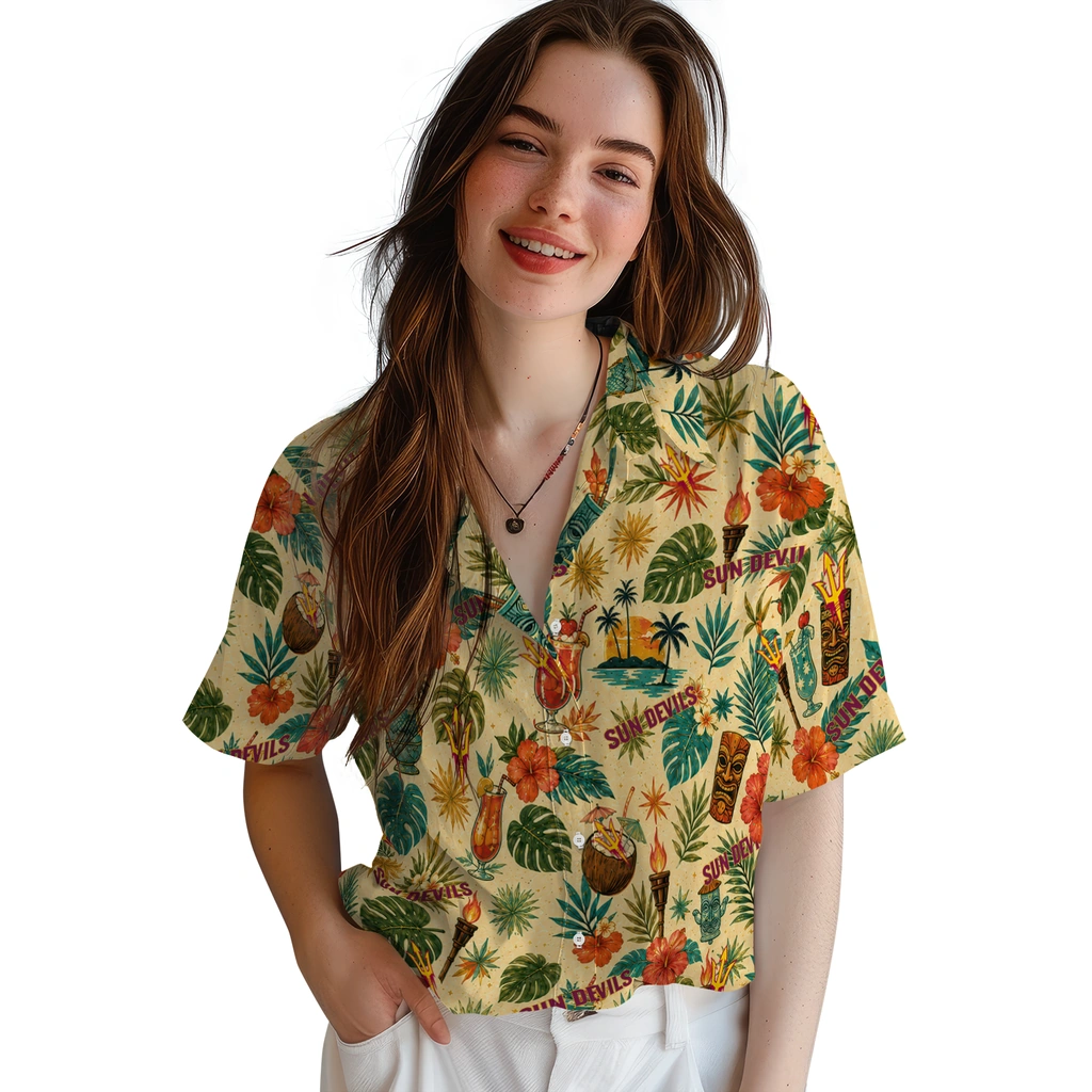 Arizona State Sun Devils Hawaiian Shirt - Customized Cream Arizona State Sun Devils Hawaiian Shirt - Customized Cream