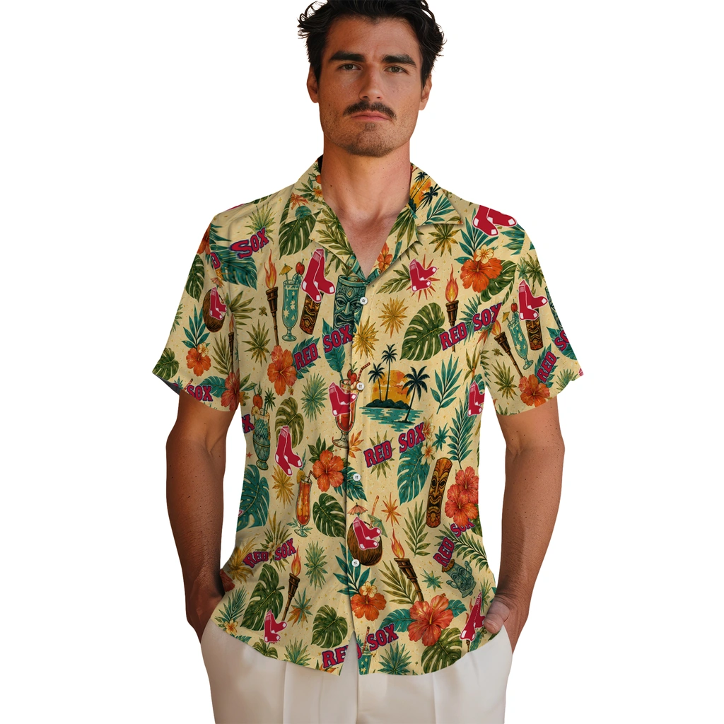 Boston Red Sox Hawaiian Shirt - Personalized Cream Boston Red Sox Hawaiian Shirt - Personalized Cream