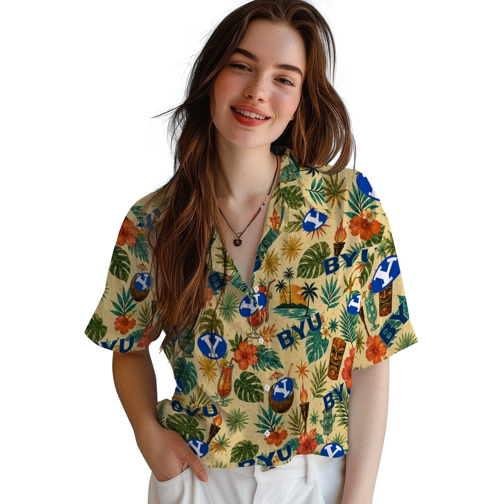 BYU Cougars Hawaiian Shirt - Custom Cream BYU Cougars Hawaiian Shirt - Custom Cream