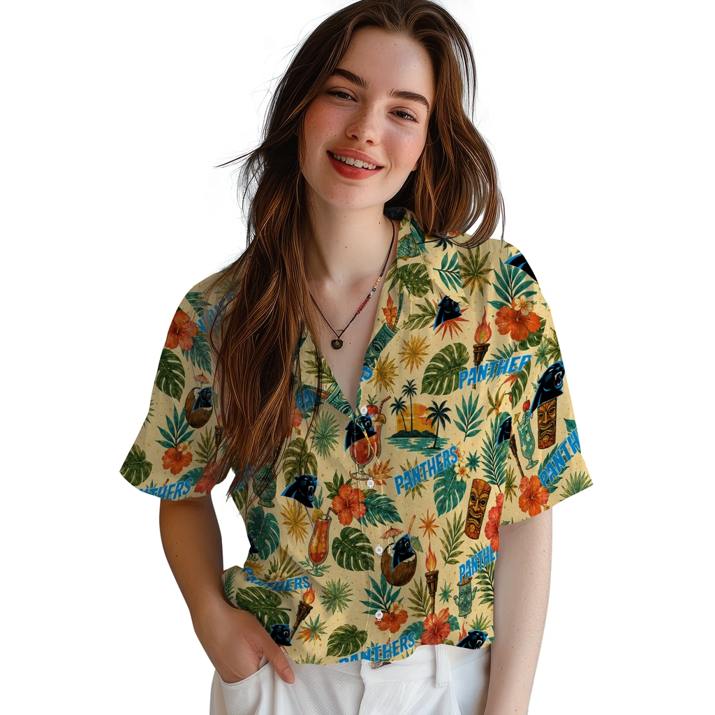 Carolina Panthers Hawaiian Shirt - Custom Cream Carolina Panthers Hawaiian Shirt - Custom Cream