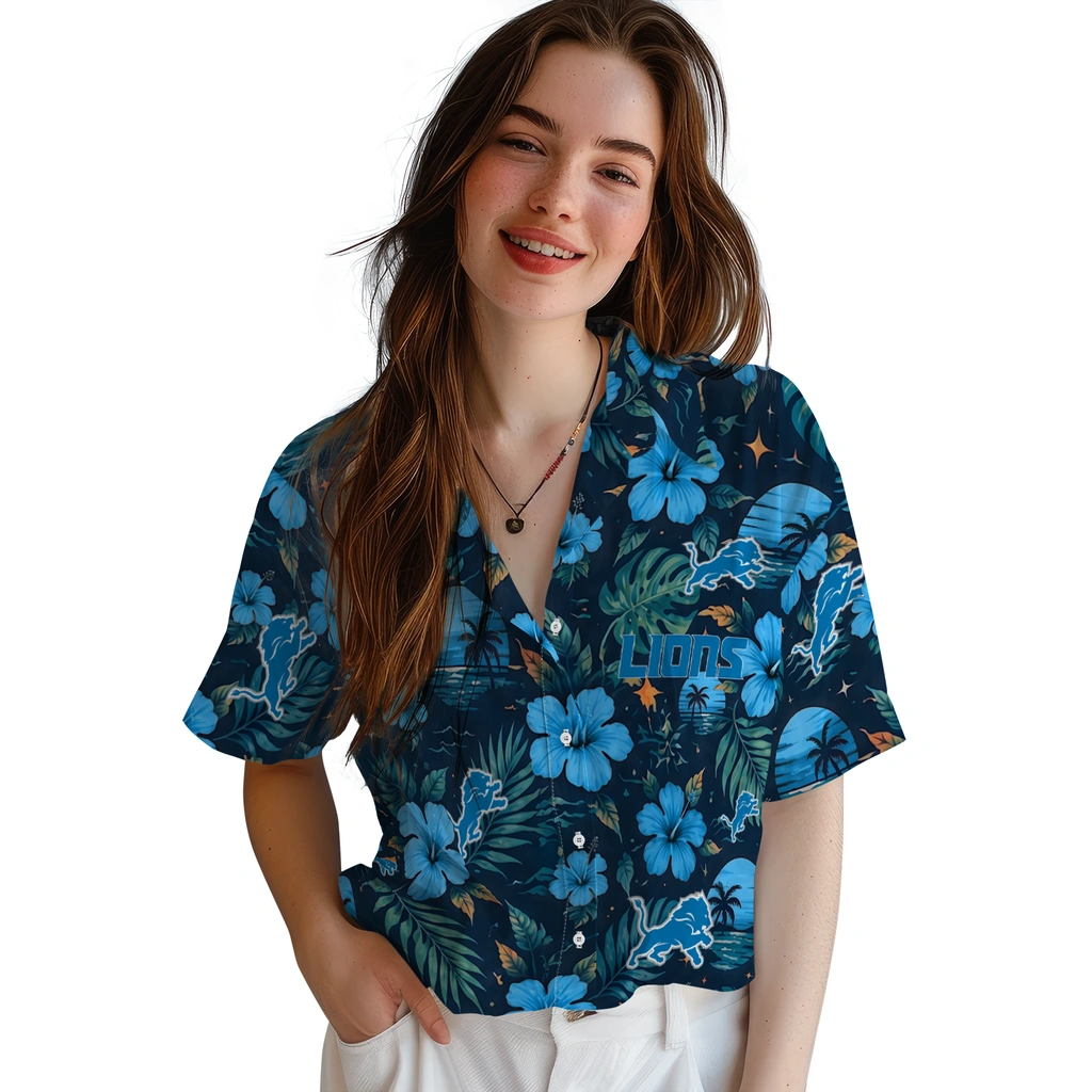 Detroit Lions Hawaiian Shirt - Personalized Blue Detroit Lions Hawaiian Shirt - Personalized Blue
