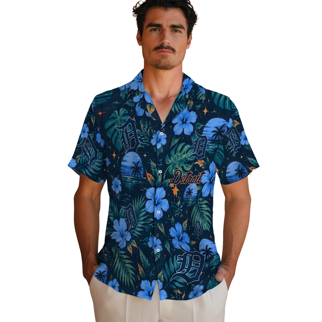 Detroit Tigers Hawaiian Shirt - Customized Navy Blue Detroit Tigers Hawaiian Shirt - Customized Navy Blue