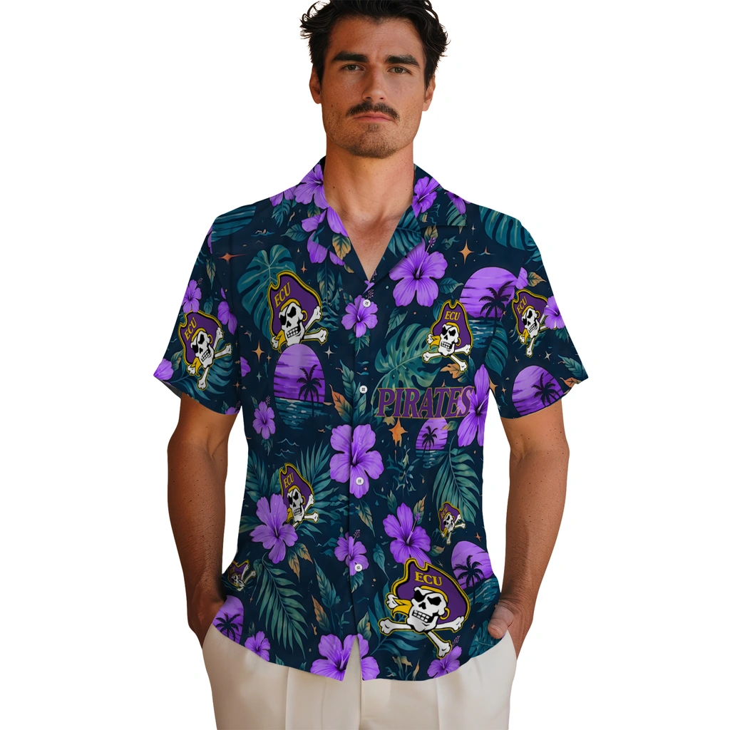 East Carolina Pirates Hawaiian Shirt - Personalized Purple Blue East Carolina Pirates Hawaiian Shirt - Personalized Purple Blue
