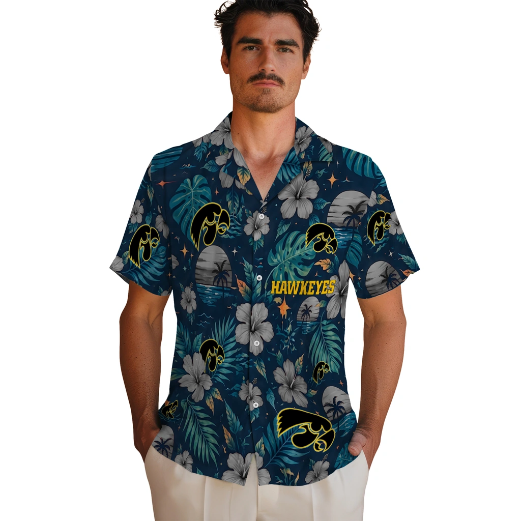 Iowa Hawkeyes Hawaiian Shirt - Personalized Black Blue Iowa Hawkeyes Hawaiian Shirt - Personalized Black Blue