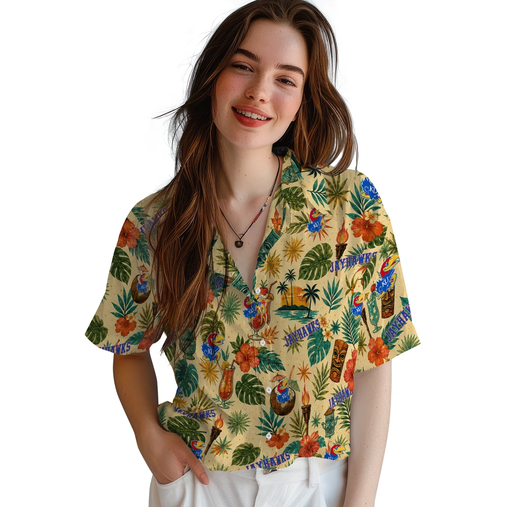 Kansas Jayhawks Hawaiian Shirt - Customized Cream Kansas Jayhawks Hawaiian Shirt - Customized Cream