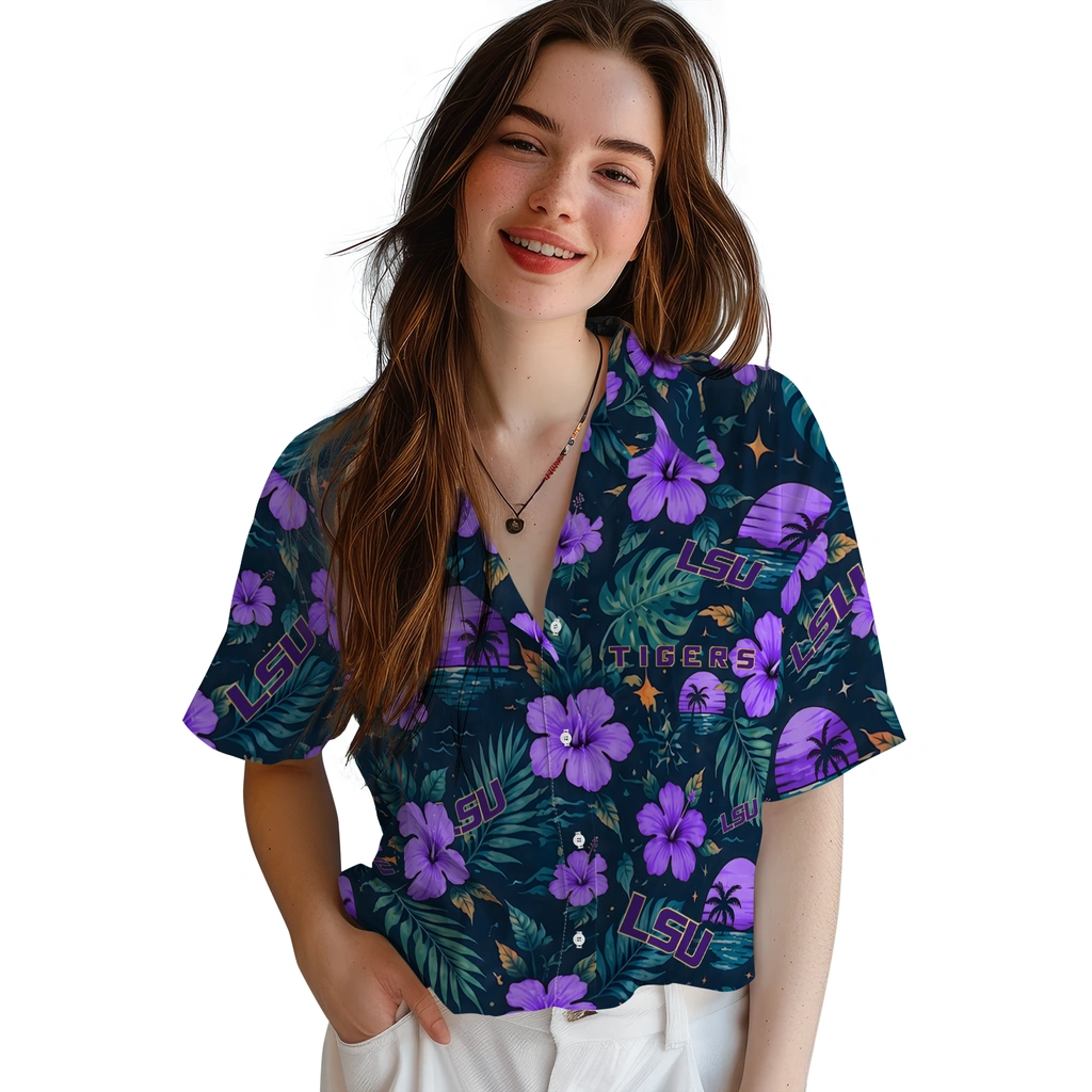 LSU Tigers Hawaiian Shirt - Custom Purple Blue LSU Tigers Hawaiian Shirt - Custom Purple Blue