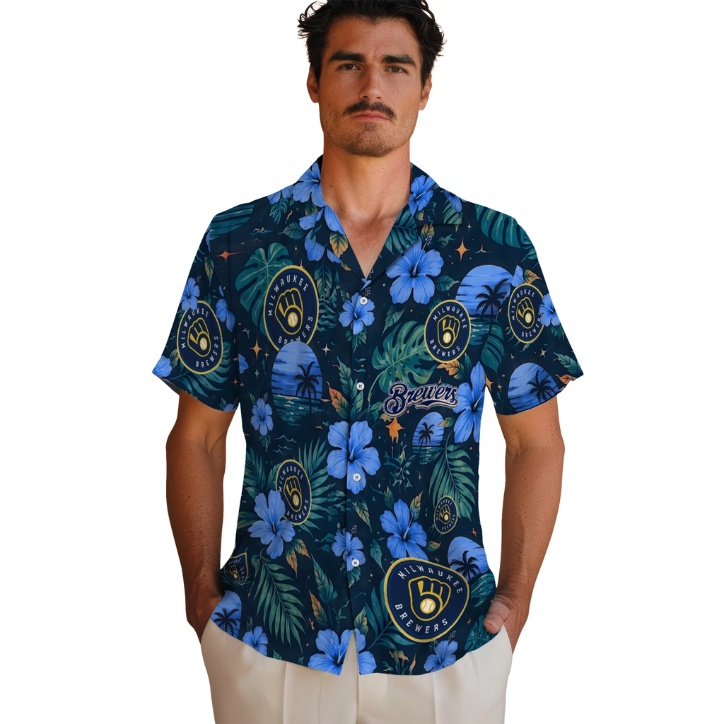 Milwaukee Brewers Hawaiian Shirt - Customized Navy Blue Milwaukee Brewers Hawaiian Shirt - Customized Navy Blue