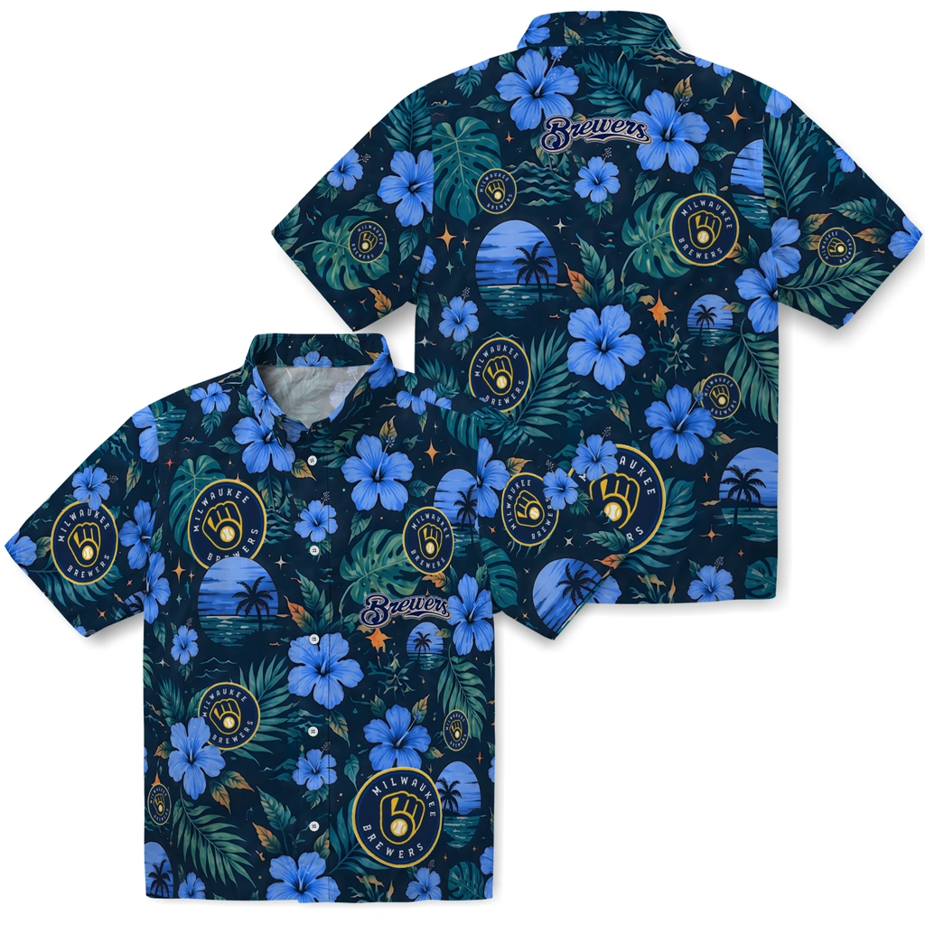 Milwaukee Brewers Hawaiian Shirt - Customized Navy Blue Milwaukee Brewers Hawaiian Shirt - Customized Navy Blue