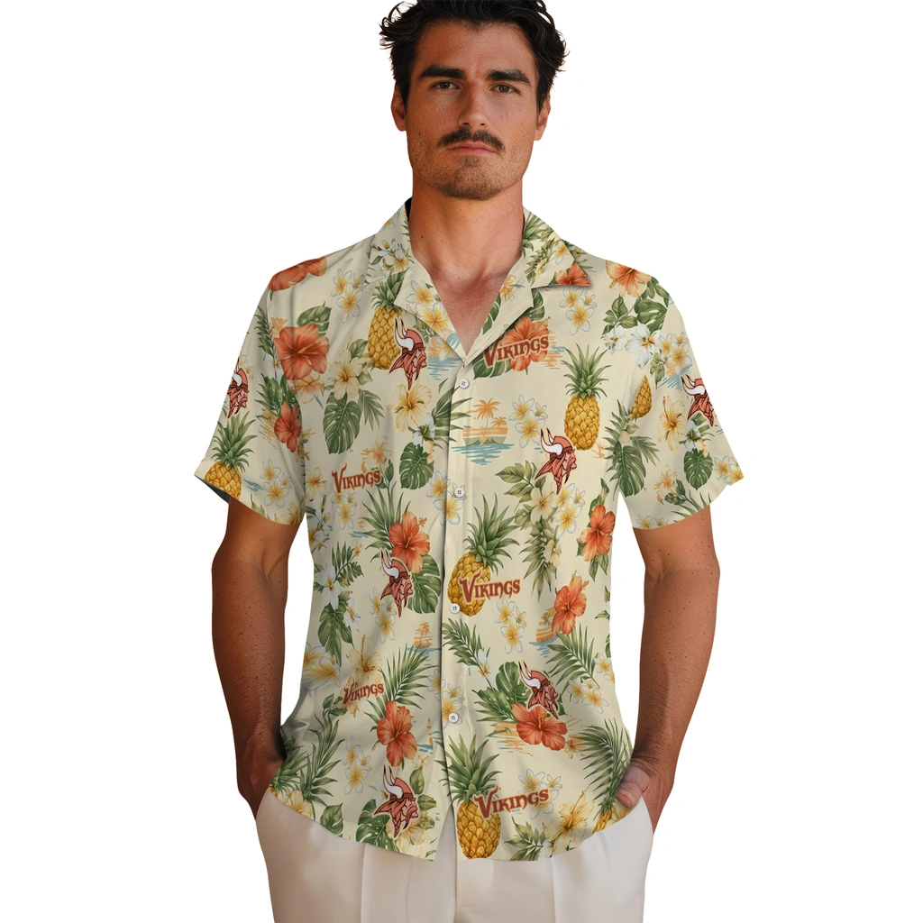 Minnesota Vikings Hawaiian Shirt - Personalized Cream Minnesota Vikings Hawaiian Shirt - Personalized Cream