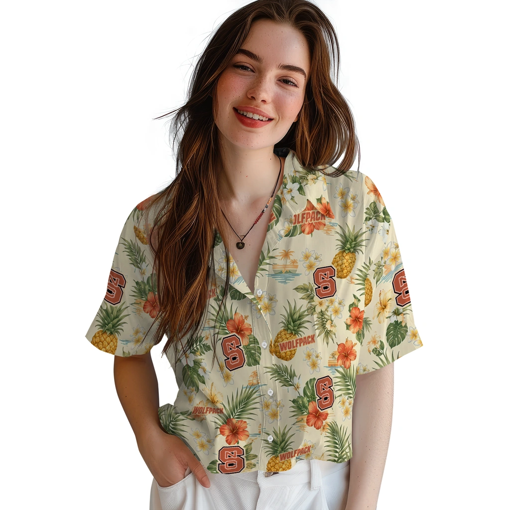 NC State Wolfpack Hawaiian Shirt - Personalized Cream NC State Wolfpack Hawaiian Shirt - Personalized Cream