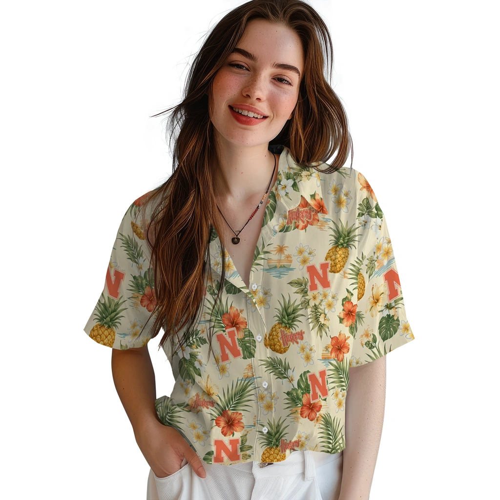 Nebraska Cornhuskers Hawaiian Shirt - Custom Cream Nebraska Cornhuskers Hawaiian Shirt - Custom Cream
