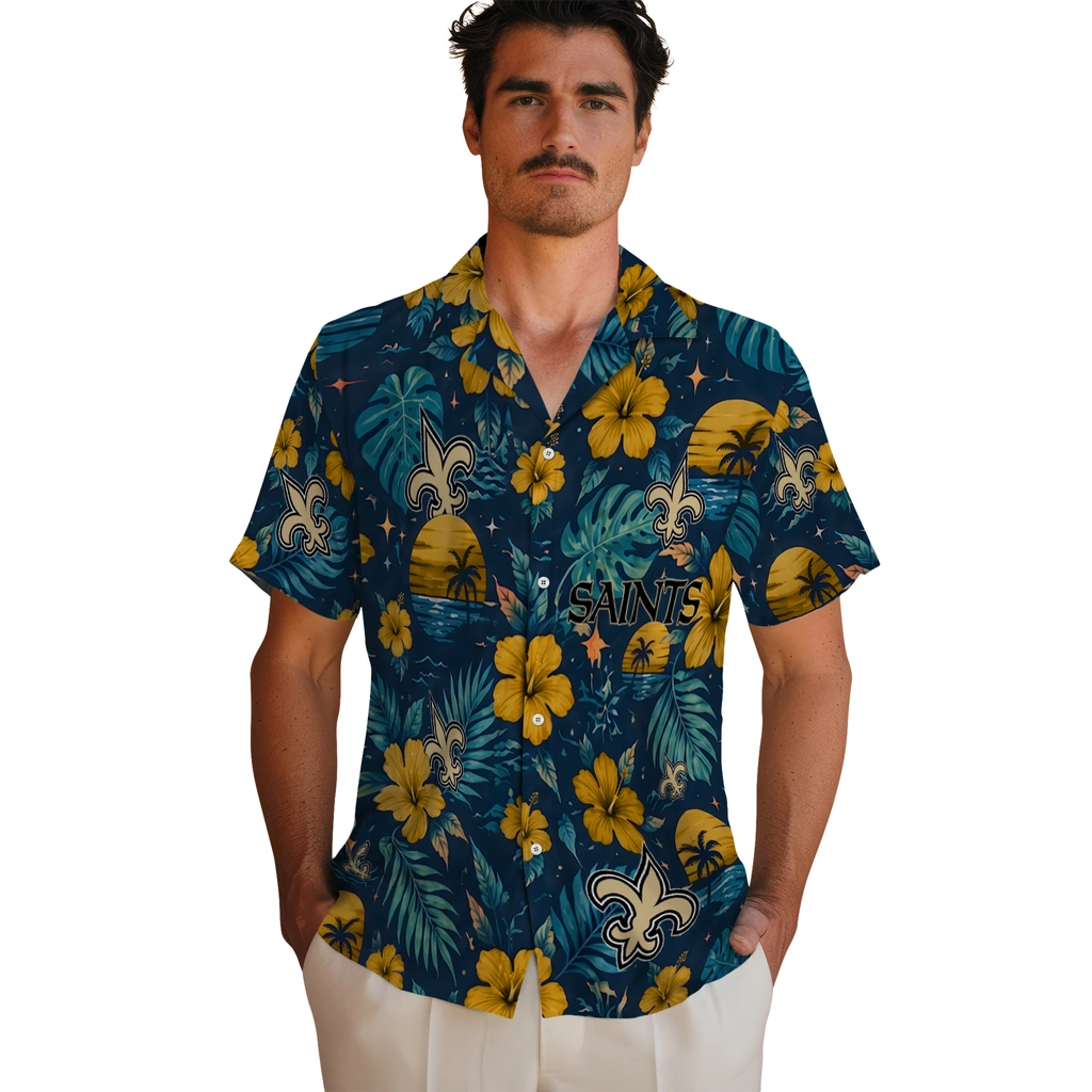 New Orleans Saints Hawaiian Shirt - Personalized Gold Blue New Orleans Saints Hawaiian Shirt - Personalized Gold Blue