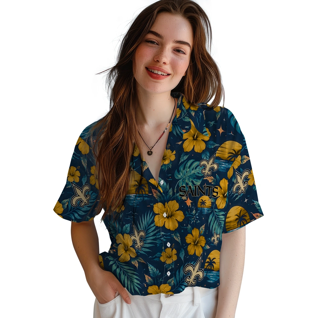New Orleans Saints Hawaiian Shirt - Personalized Gold Blue New Orleans Saints Hawaiian Shirt - Personalized Gold Blue