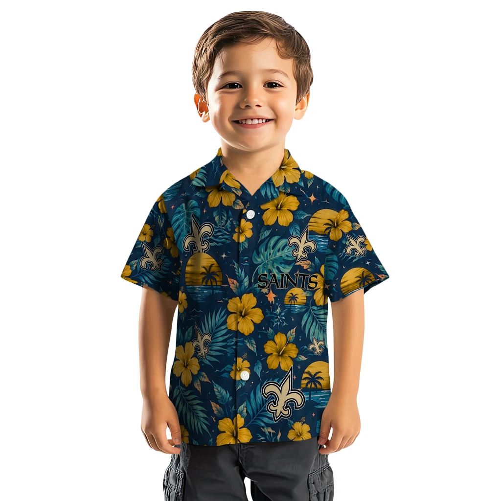 New Orleans Saints Hawaiian Shirt - Personalized Gold Blue New Orleans Saints Hawaiian Shirt - Personalized Gold Blue