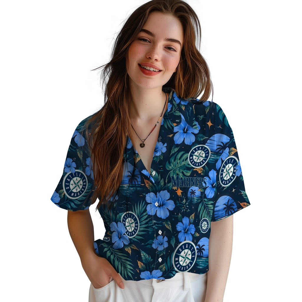 Seattle Mariners Hawaiian Shirt - Customized Navy Blue Seattle Mariners Hawaiian Shirt - Customized Navy Blue