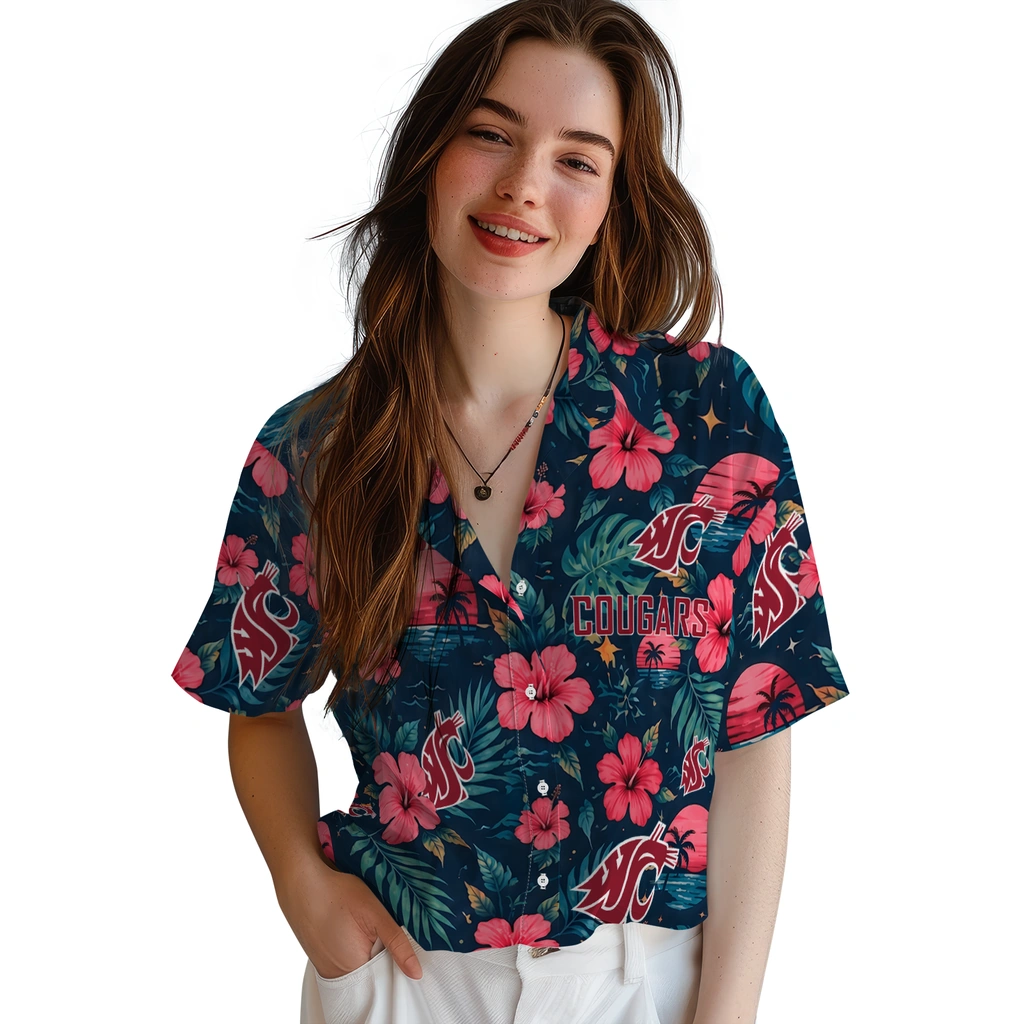 Washington State Cougars Hawaiian Shirt - Custom Crimson Blue Washington State Cougars Hawaiian Shirt - Custom Crimson Blue