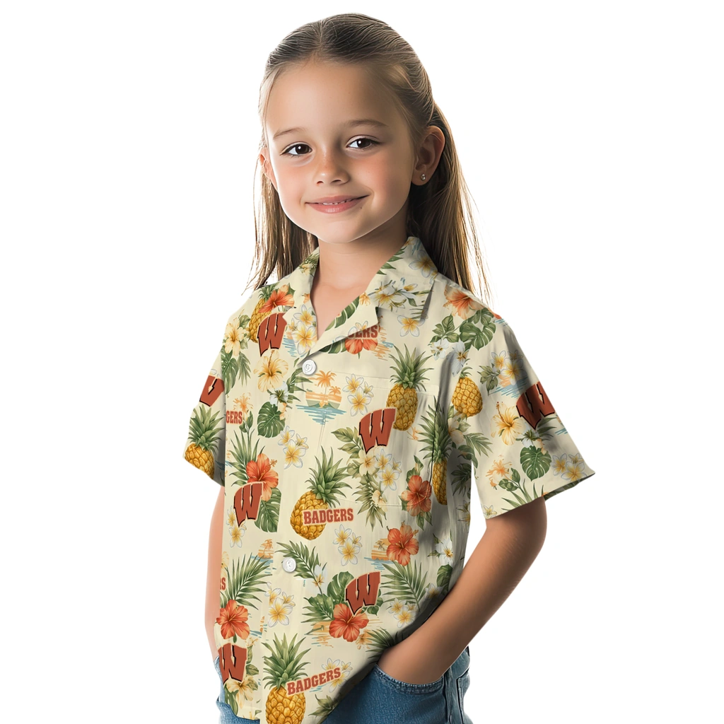 Wisconsin Badgers Hawaiian Shirt - Custom Cream Wisconsin Badgers Hawaiian Shirt - Custom Cream