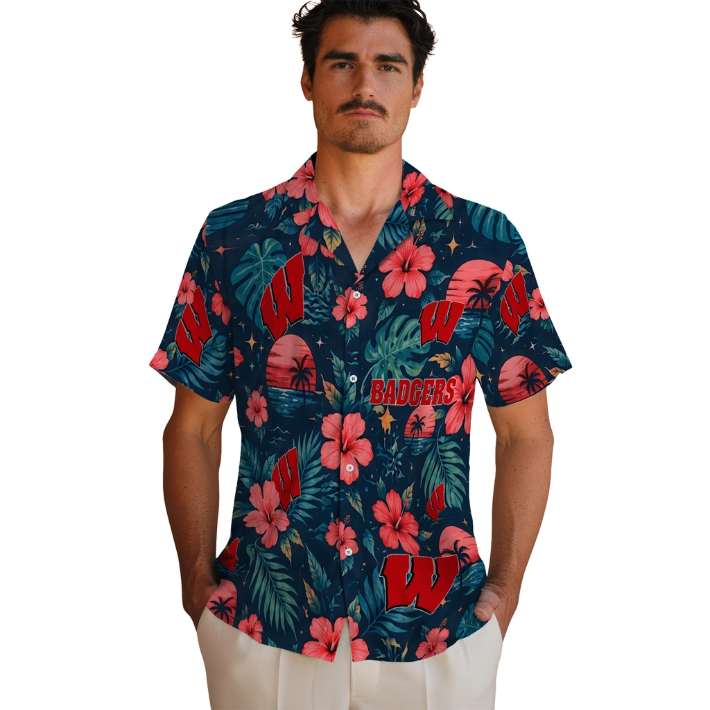 Wisconsin Badgers Hawaiian Shirt - Customized Red Blue Wisconsin Badgers Hawaiian Shirt - Customized Red Blue