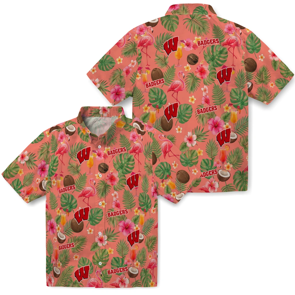 Wisconsin Badgers Hawaiian Shirt - Personalized Coral Pink Wisconsin Badgers Hawaiian Shirt - Personalized Coral Pink