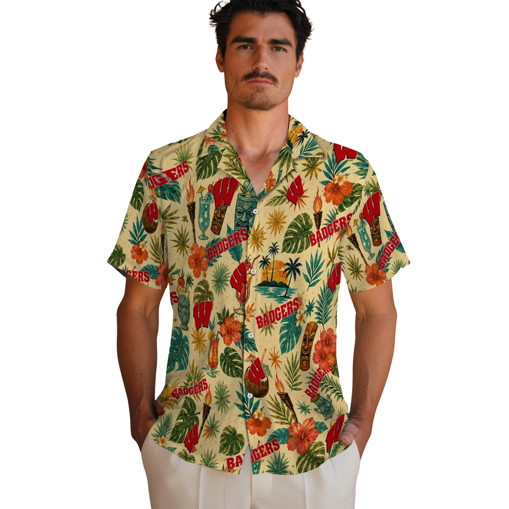 Wisconsin Badgers Hawaiian Shirt - Personalized Cream Wisconsin Badgers Hawaiian Shirt - Personalized Cream