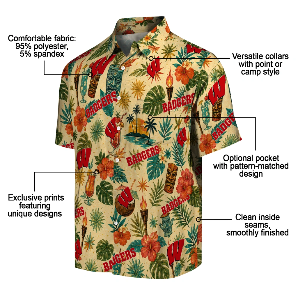 Wisconsin Badgers Hawaiian Shirt - Personalized Cream Wisconsin Badgers Hawaiian Shirt - Personalized Cream
