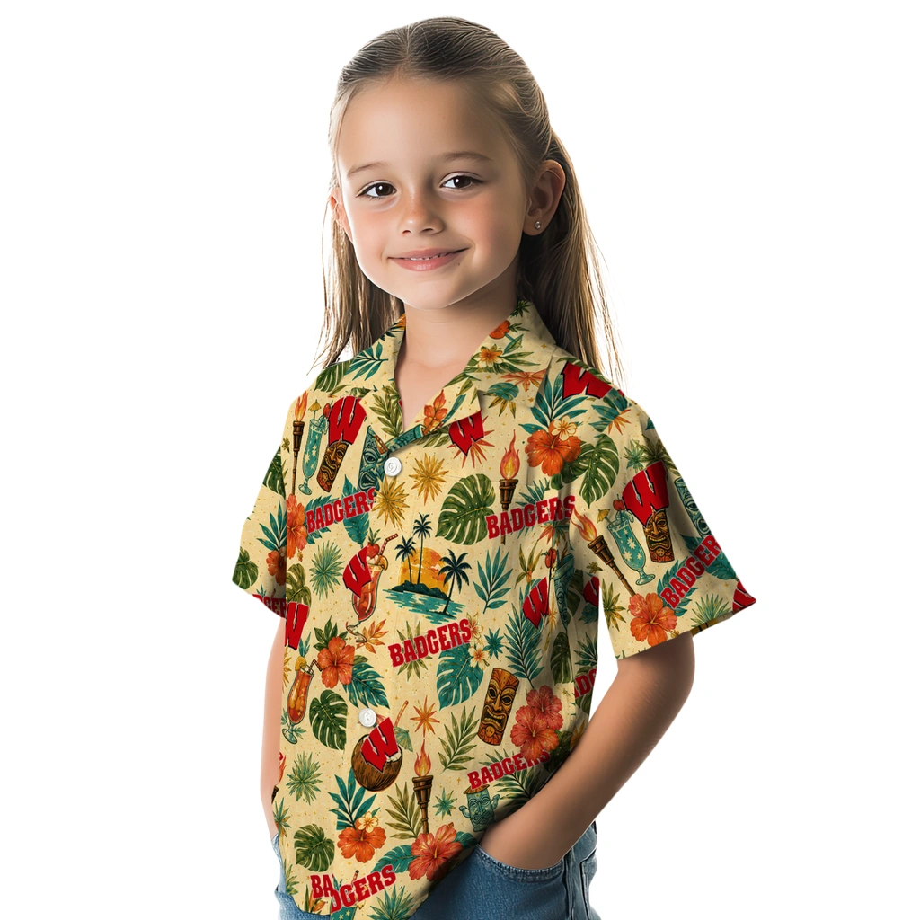 Wisconsin Badgers Hawaiian Shirt - Personalized Cream Wisconsin Badgers Hawaiian Shirt - Personalized Cream